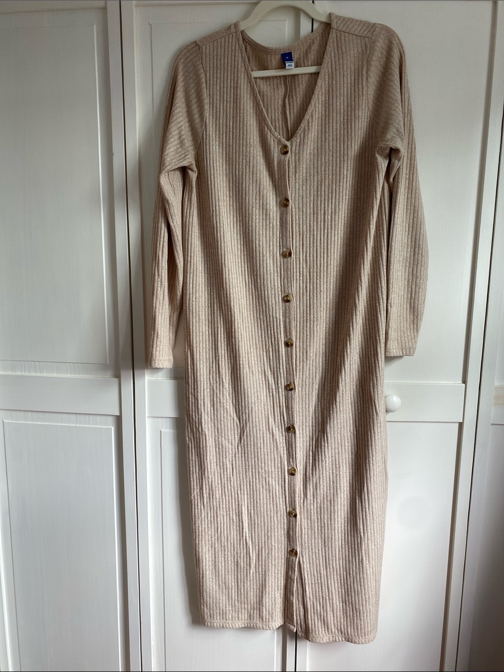 Old Navy Beige Ribbed Button-Front Long Sleeve Midi Dress